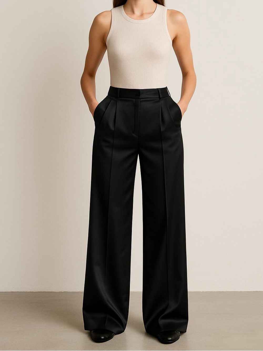 [NWOT] WAYF Black Silky Satin Pleated Wide Leg Flowy Trousers Pants - Size XS